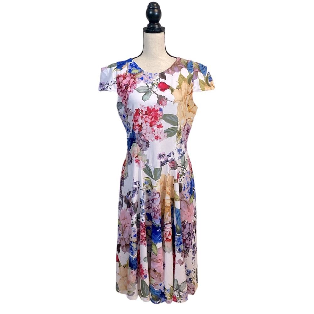 Marc Bouwer Floral Fit and Flare Cap Sleeve Dress Size Large